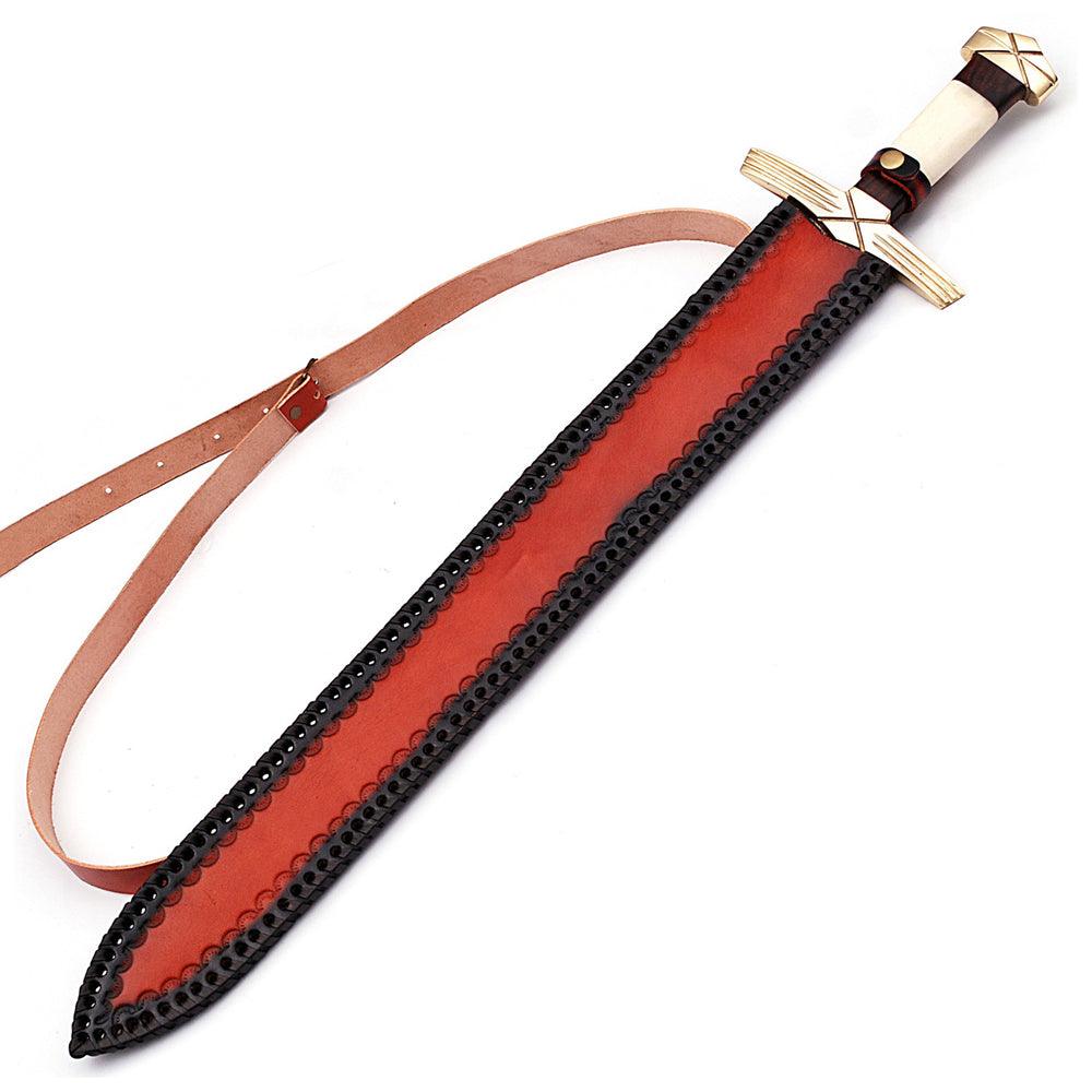 Handmade Damascus Steel Formidable King Pattern Viking Sword With Leather Sheath - propswords