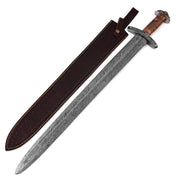Handmade Damascus Steel Beast of War Viking Sword With Leather Sheath - propswords