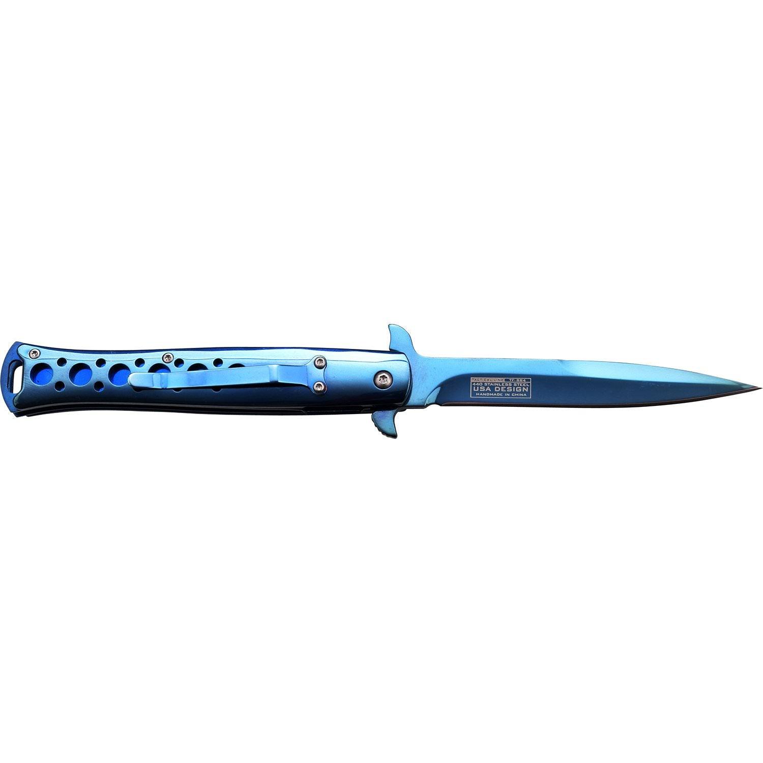 Tac Force Stiletto Style Spring Assisted Knife Blue Titanium - propswords