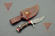 6 inches Handmade Stag Horn Hunting Knife - Crafted with Premium Damascus Steel and Complete with a Leather Sheath - propswords