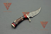 6 inches Handmade Stag Horn Hunting Knife - Crafted with Premium Damascus Steel and Complete with a Leather Sheath - propswords
