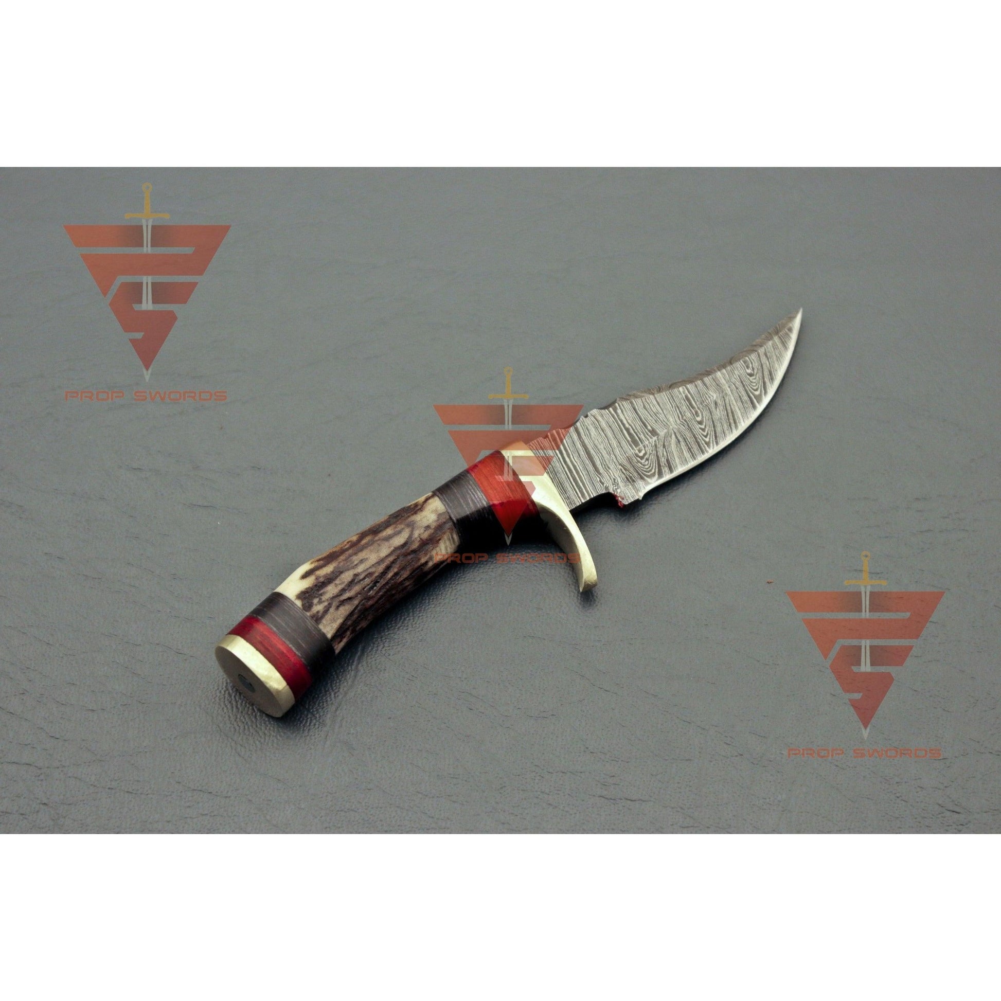 6 inches Handmade Stag Horn Hunting Knife - Crafted with Premium Damascus Steel and Complete with a Leather Sheath - propswords