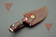 6 inches Handmade Stag Horn Hunting Knife - Crafted with Premium Damascus Steel and Complete with a Leather Sheath