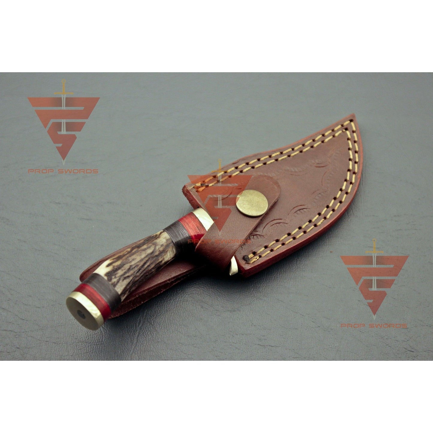 6 inches Handmade Stag Horn Hunting Knife - Crafted with Premium Damascus Steel and Complete with a Leather Sheath - propswords