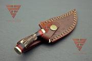 6 inches Handmade Stag Horn Hunting Knife - Crafted with Premium Damascus Steel and Complete with a Leather Sheath - propswords