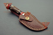 6 inches Handmade Stag Horn Hunting Knife - Crafted with Premium Damascus Steel and Complete with a Leather Sheath