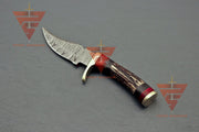 6 inches Handmade Stag Horn Hunting Knife - Crafted with Premium Damascus Steel and Complete with a Leather Sheath - propswords