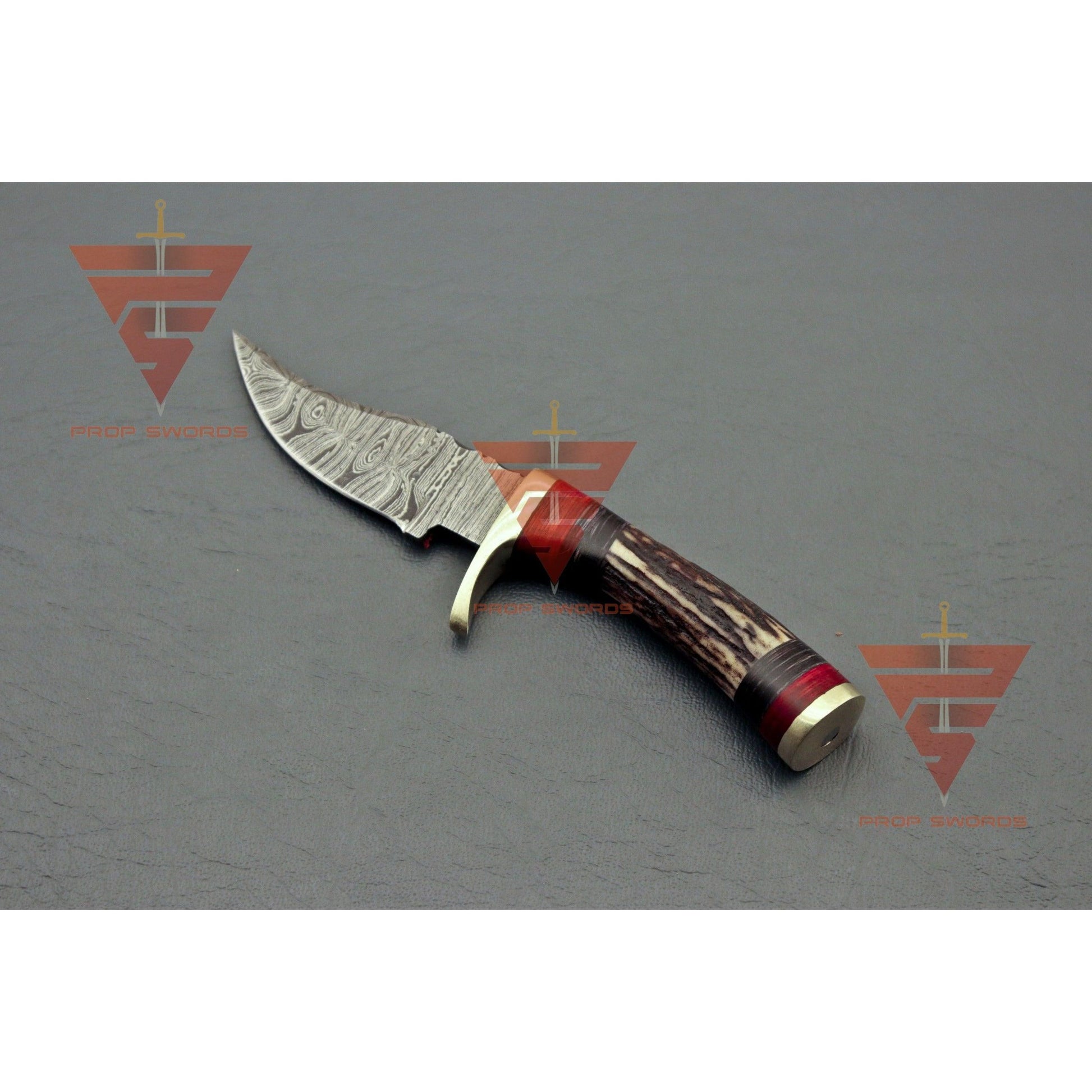 6 inches Handmade Stag Horn Hunting Knife - Crafted with Premium Damascus Steel and Complete with a Leather Sheath - propswords