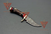 6 inches Handmade Stag Horn Hunting Knife - Crafted with Premium Damascus Steel and Complete with a Leather Sheath - propswords