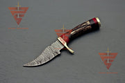 6 inches Handmade Stag Horn Hunting Knife - Crafted with Premium Damascus Steel and Complete with a Leather Sheath