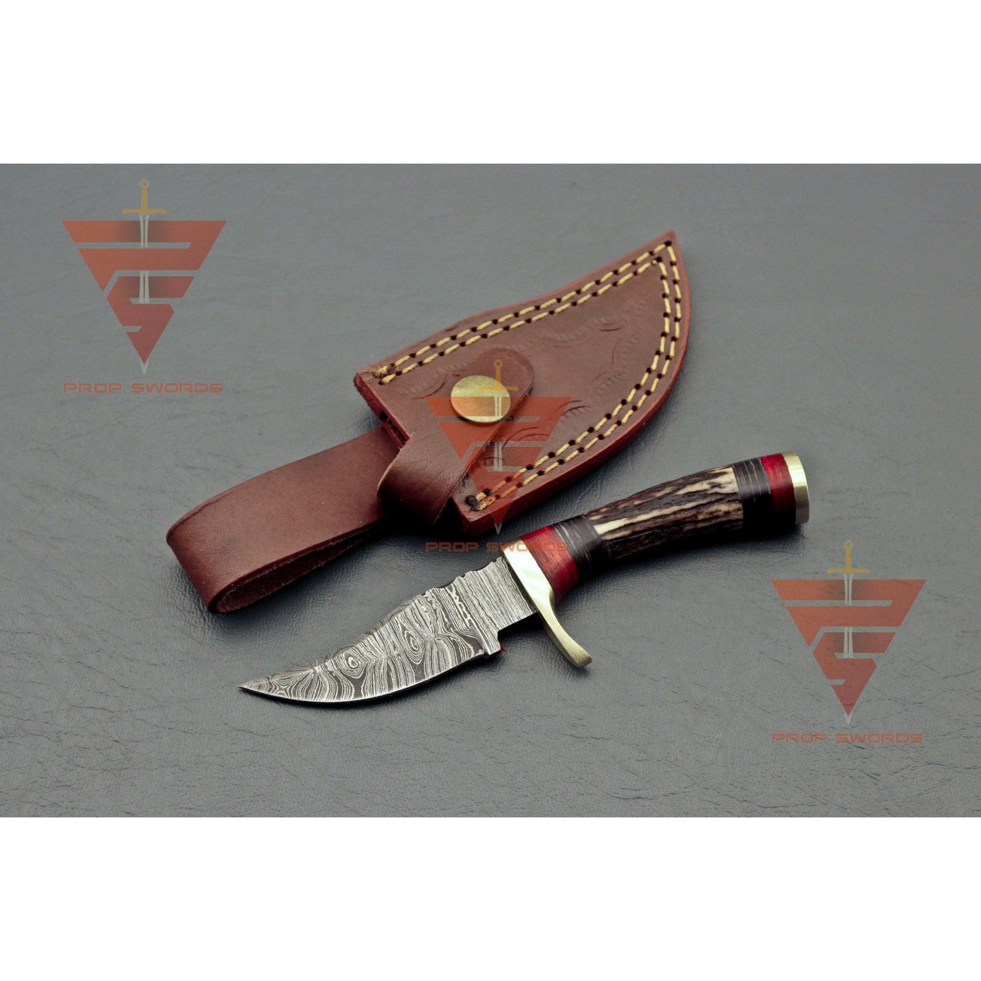 6 inches Handmade Stag Horn Hunting Knife - Crafted with Premium Damascus Steel and Complete with a Leather Sheath - propswords