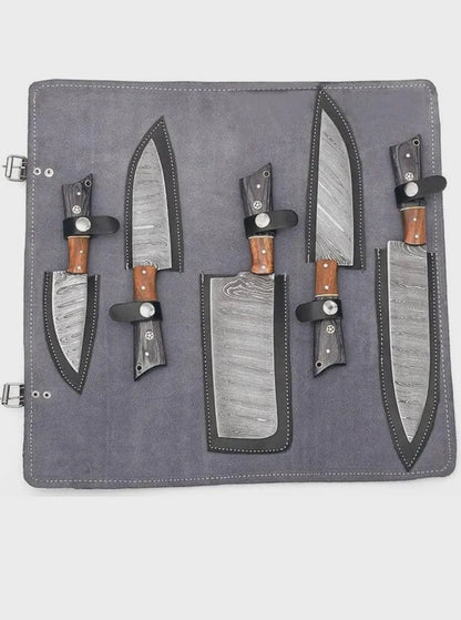 Handmade Damascus Steel Chef Knife set of 5pcs With Sheet, Chef Knives Set, pro chef knife Kitchen Knives Set, Gift For Her , Gift For Dad - propswords