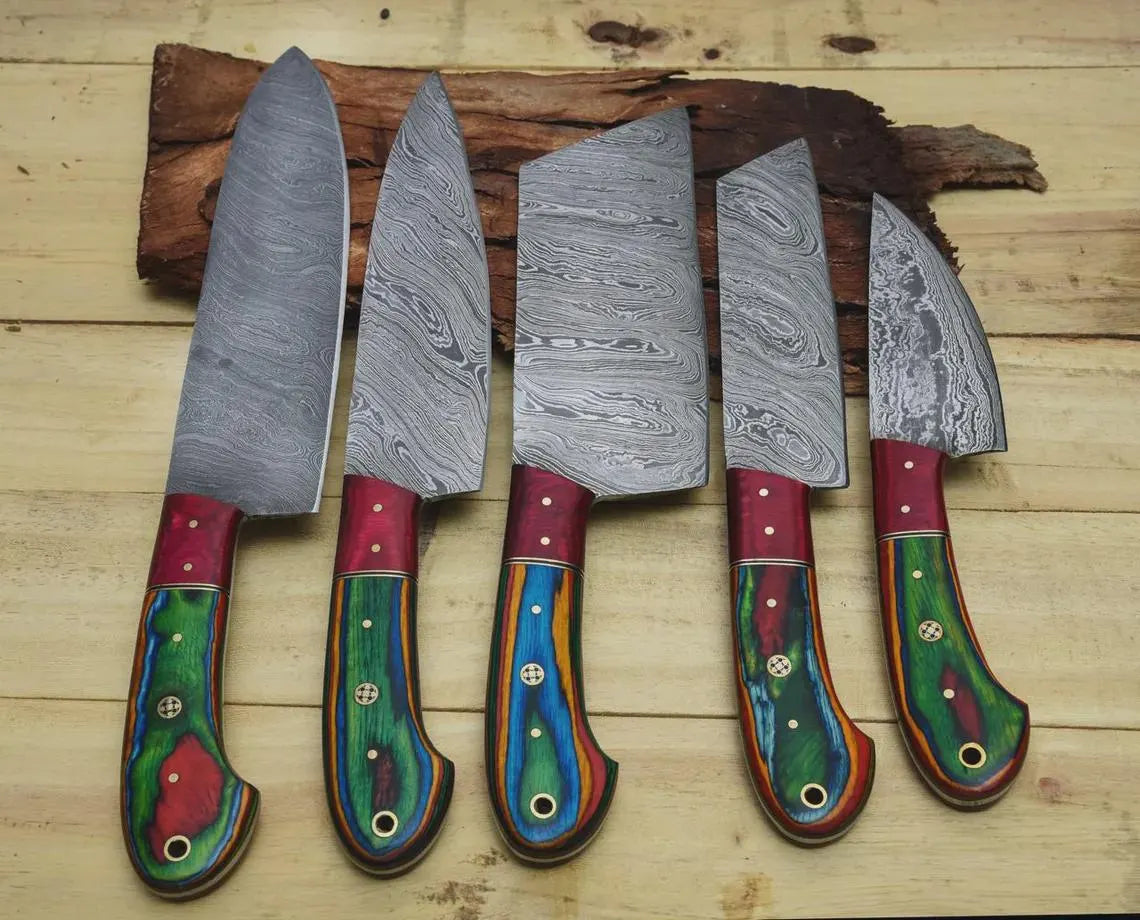 Handmade Damascus Steel Chef Knife set of 5pcs With Sheet, Chef Knives Set, pro chef knife Kitchen Knives Set, Gift For Her , Gift For Dad - propswords