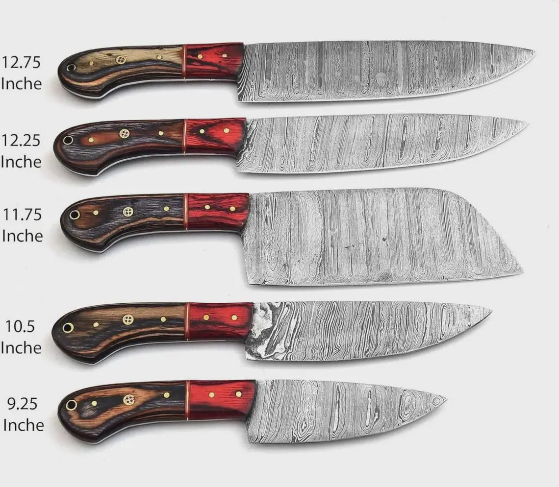 Handmade Damascus Steel Chef Knife set of 5pcs With Sheet, Chef Knives Set, pro chef knife Kitchen Knives Set, Gift For Her , Gift For Dad - propswords