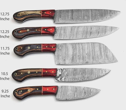 Handmade Damascus Steel Chef Knife set of 5pcs With Sheet, Chef Knives Set, pro chef knife Kitchen Knives Set, Gift For Her , Gift For Dad - propswords