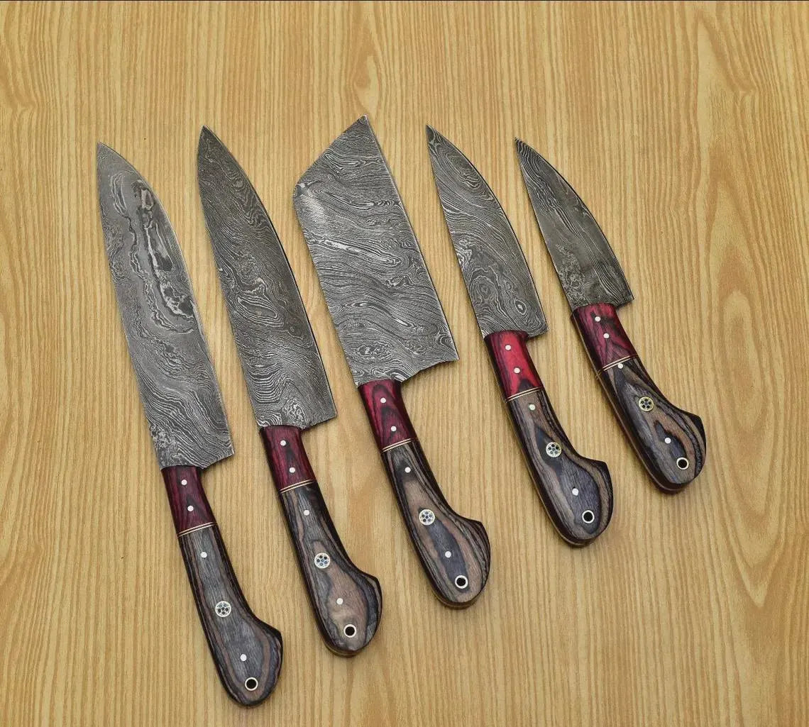 Handmade Damascus Steel Chef Knife set of 5pcs With Sheet, Chef Knives Set, pro chef knife Kitchen Knives Set, Gift For Her , Gift For Dad - propswords