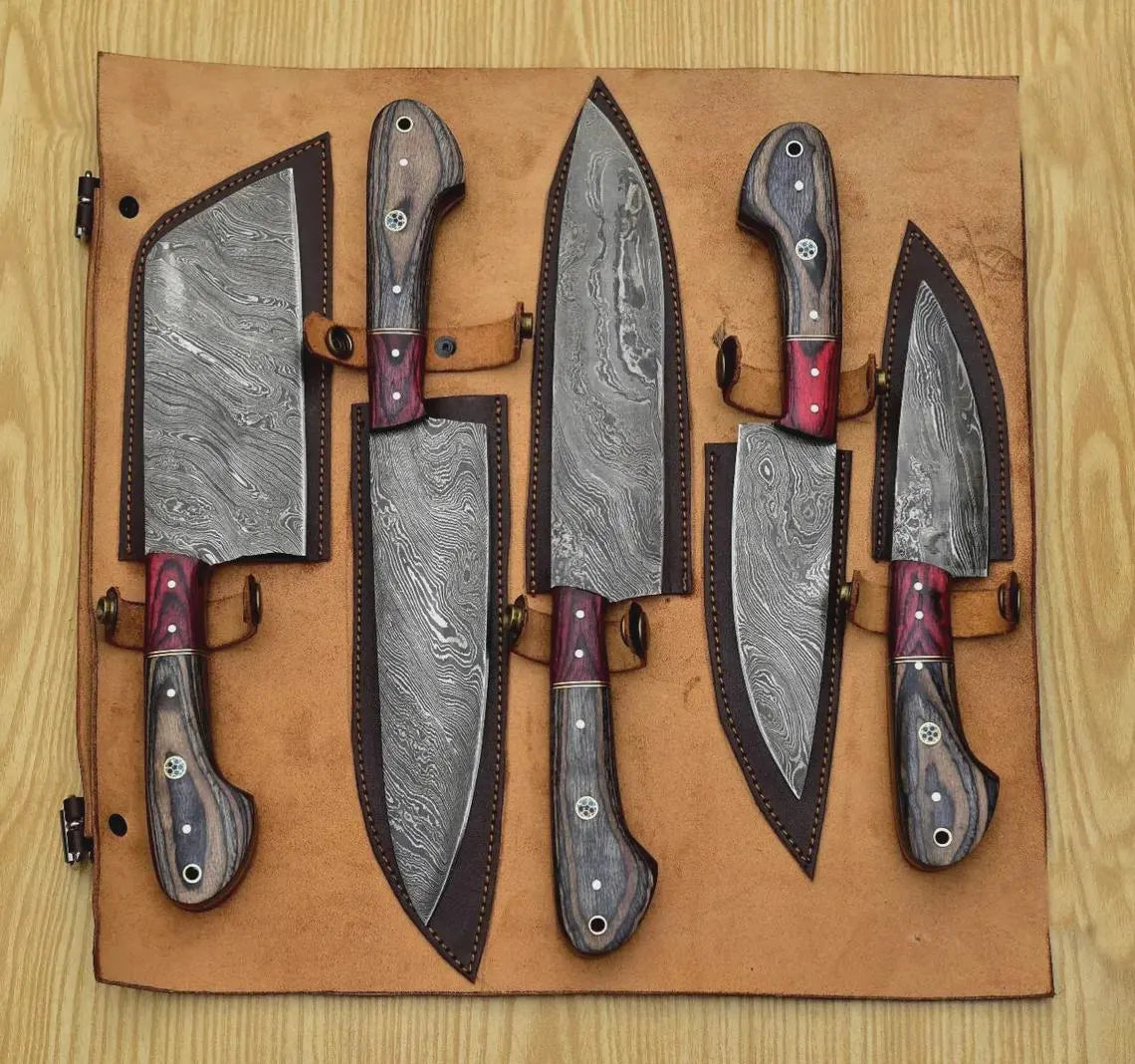 Handmade Damascus Steel Chef Knife set of 5pcs With Sheet, Chef Knives Set, pro chef knife Kitchen Knives Set, Gift For Her , Gift For Dad - propswords