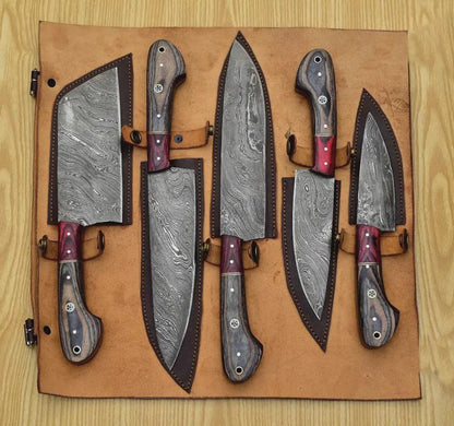 Handmade Damascus Steel Chef Knife set of 5pcs With Sheet, Chef Knives Set, pro chef knife Kitchen Knives Set, Gift For Her , Gift For Dad - propswords