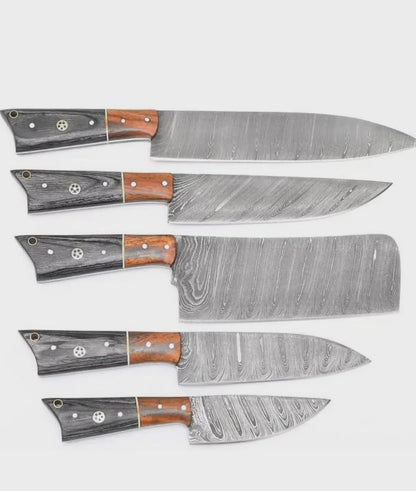 Handmade Damascus Steel Chef Knife set of 5pcs With Sheet, Chef Knives Set, pro chef knife Kitchen Knives Set, Gift For Her , Gift For Dad - propswords