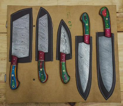Handmade Damascus Steel Chef Knife set of 5pcs With Sheet, Chef Knives Set, pro chef knife Kitchen Knives Set, Gift For Her , Gift For Dad - propswords