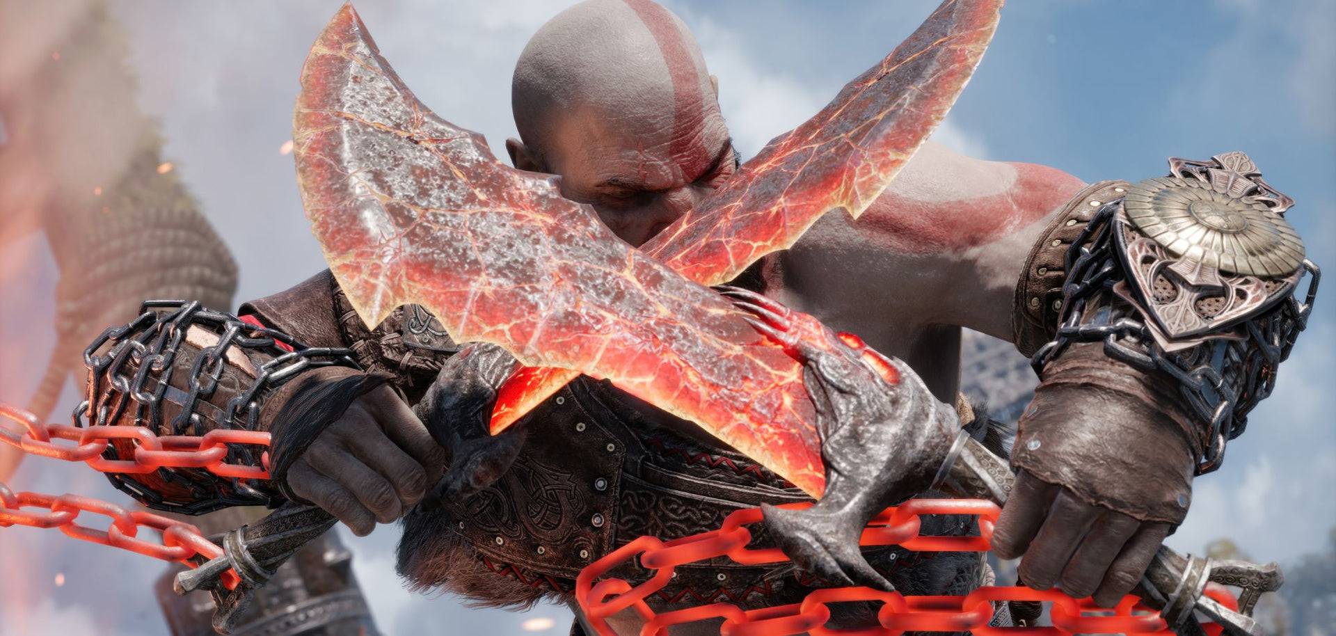 God of War 1 game cover featuring Kratos, a muscular warrior with red markings and dual blades, set against a fiery, battle-filled background.