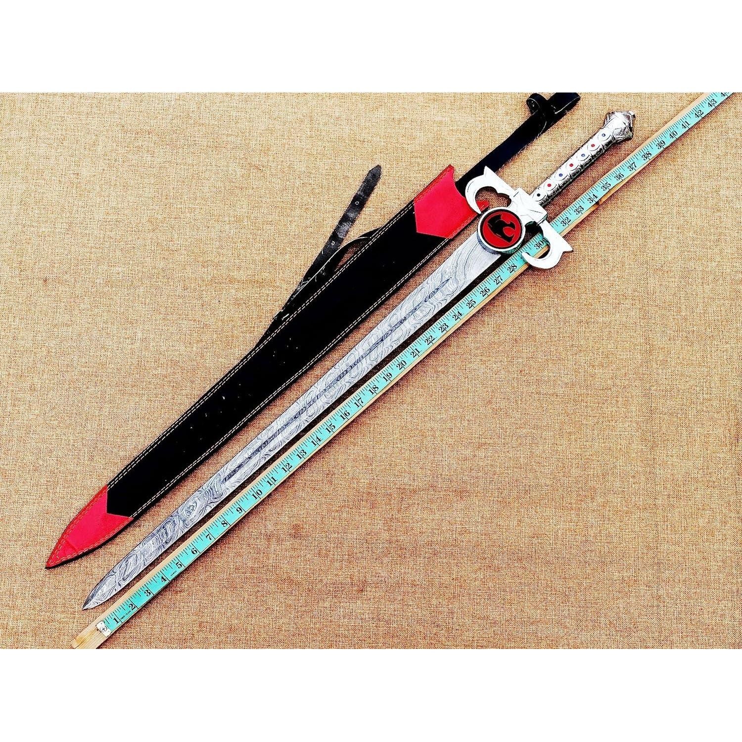 ThunderCats Lion-O inspired Damascus sword featuring patterned Damascus steel blade, fantasy guard, and detailed handle inspired by the legendary Sword of Omens