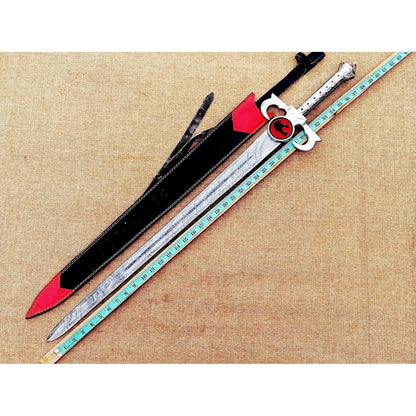 ThunderCats Lion-O inspired Damascus sword featuring patterned Damascus steel blade, fantasy guard, and detailed handle inspired by the legendary Sword of Omens