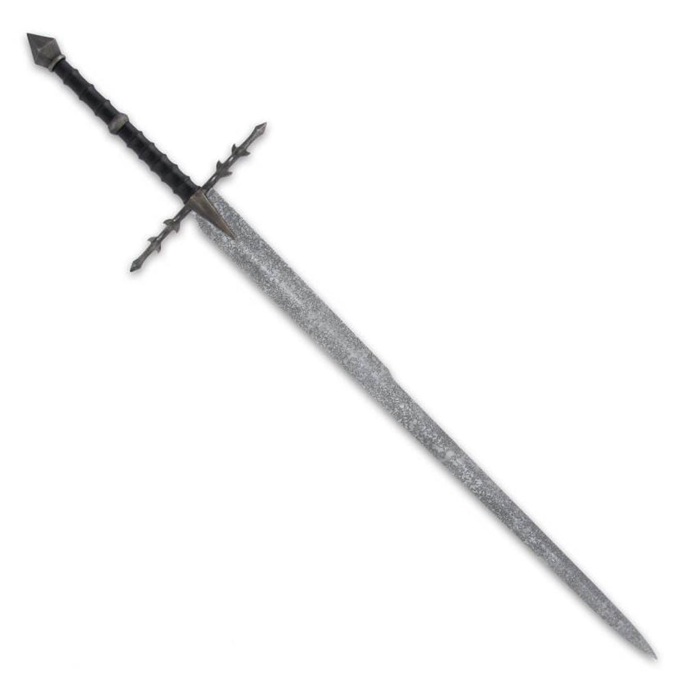 Witch-king sword with a dark, curved blade and ornate hilt, inspired by The Lord of the Rings, displayed to emphasize its menacing and iconic design.