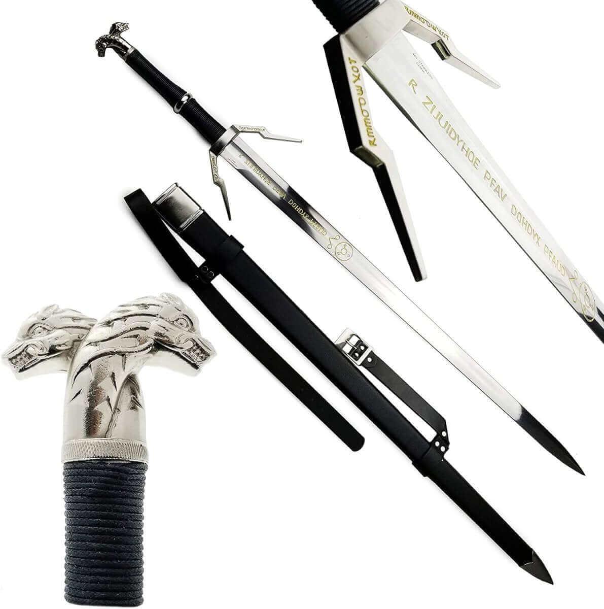 Silver Rune Sword of Geralt of Rivia replica from The Witcher 3 video game, featuring engraved silver blade, detailed hilt, perfect for display, cosplay, and fans of The Witcher series