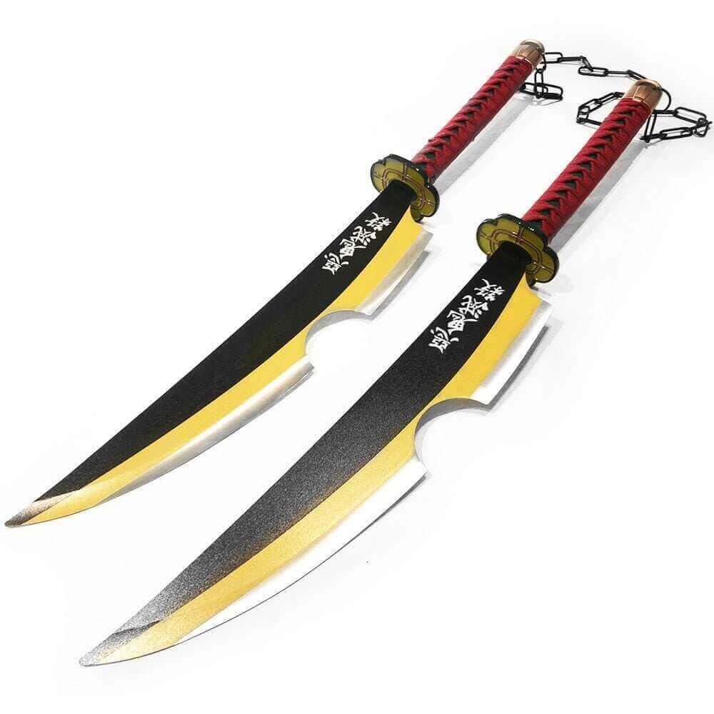 Close-up of authentic twin blades featuring a striking amber finish, embodying the legendary destroyer of demons AMBER NICHIRIN BLADE TWIN BLADE SWORDS TENGEN UZUI FROM DEMON SLAYER - propswords