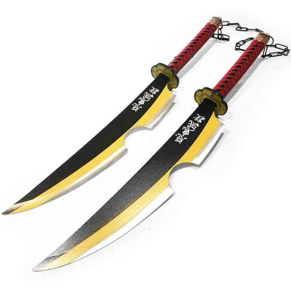 Close-up of authentic twin blades featuring a striking amber finish, embodying the legendary destroyer of demons AMBER NICHIRIN BLADE TWIN BLADE SWORDS TENGEN UZUI FROM DEMON SLAYER - propswords