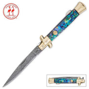 KISSING CRANE GENUINE ABALONE DAMASCUS STILETTO KNIFE - propswords