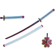 Close-up of Mitsuri Kanroji's pink Nichirin Blade with heart-shaped tsuba.​ Mitsuri Love Sword Demon Slayer Japanese Anime Sword - propswords