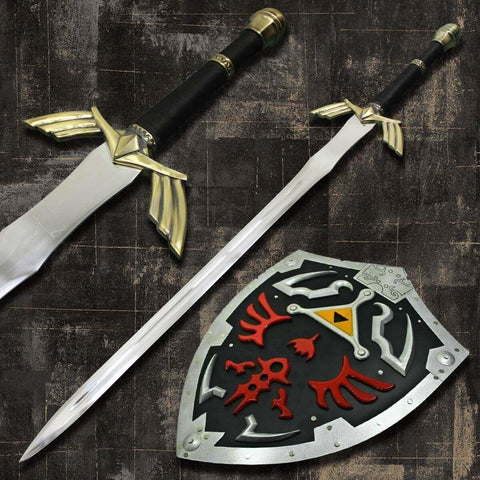 Dark Link's Master Sword and Black Hylian Shield set from The Legend of Zelda series The Legend of Zelda Dark Link's Master Sword with Sheath High End Variant Pair with Zelda hylian Shield Black Shield Dark Version - propswords